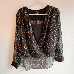 DKNY | Faux Wrap Chiffon Overlay Black and Multicolour Blouse Size S